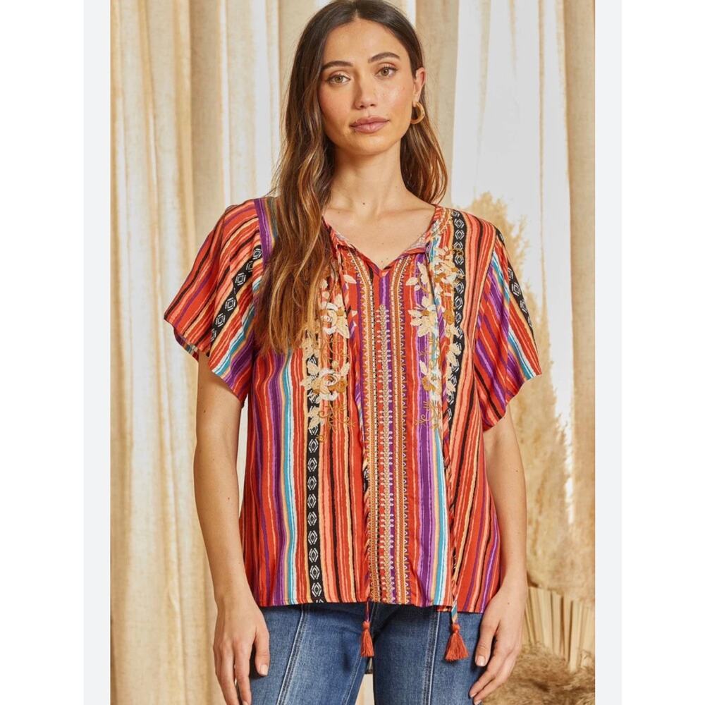 Savanna Jane Multicolor Stripe Embroidered Tassel Detail Boho Peasant Top Small